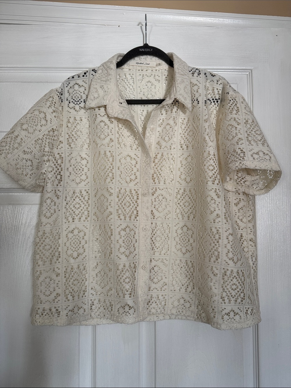 Ivory Lace Knit Short Sleeve Buttondown
